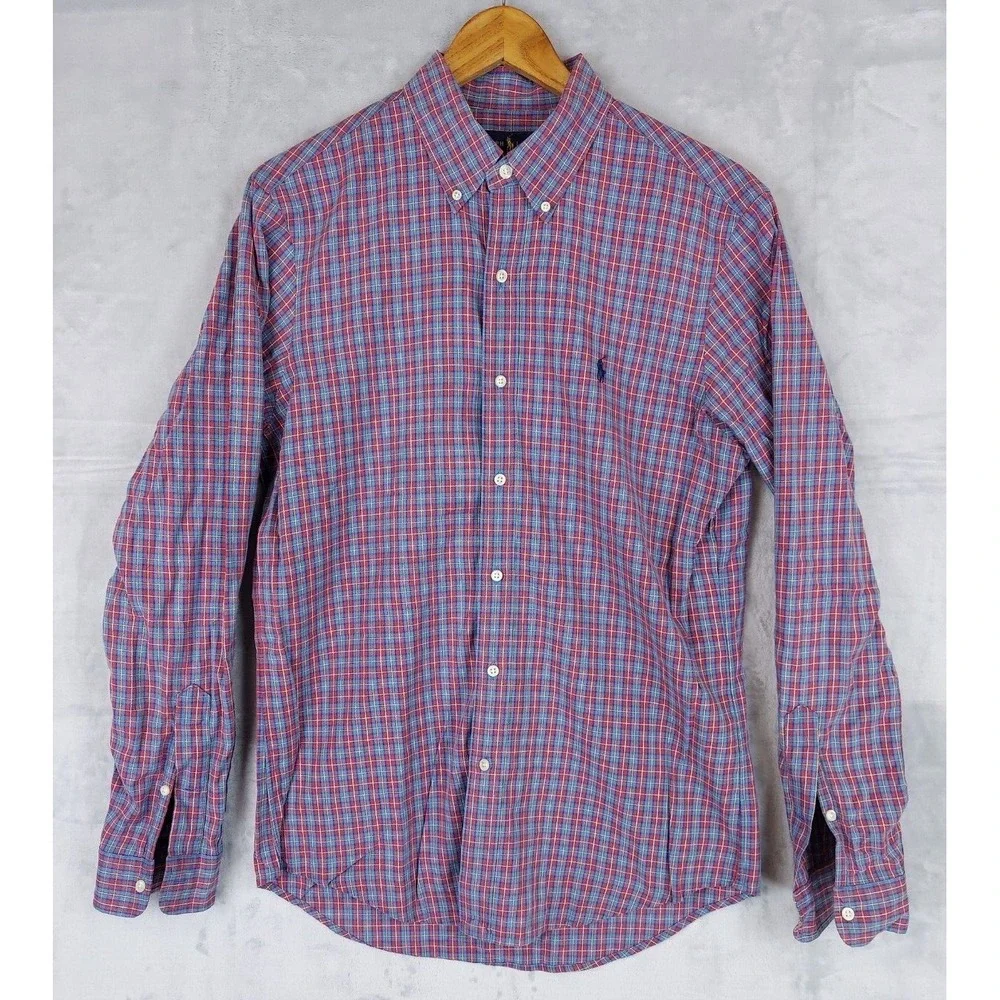 Polo Ralph Lauren Mens Medium Blue‎ Red Gingham Plaid Check Shirt Cotton